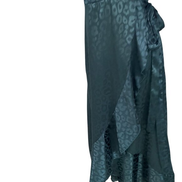 Simplee Green Satin Wrap Dress Medium Leopard Print Midi Tie Waist Elegant - Picture 10 of 14